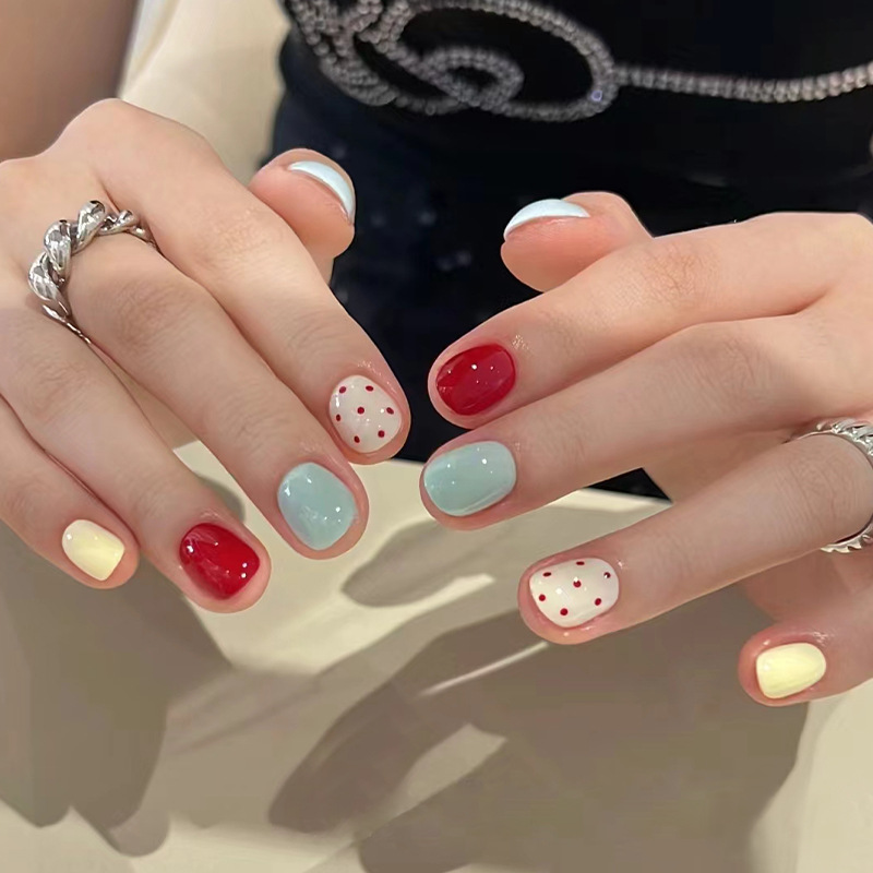 TEMU Wearable Nail Art Cute Polka Dot Detachable Short Square Fake Nails Retro Nail Stickers 24pcs
