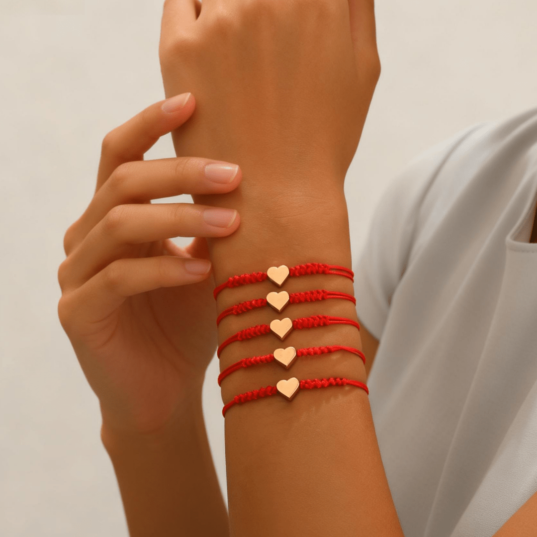 5pc Red Braided Heart Adjustable Friendship Bracelet Set