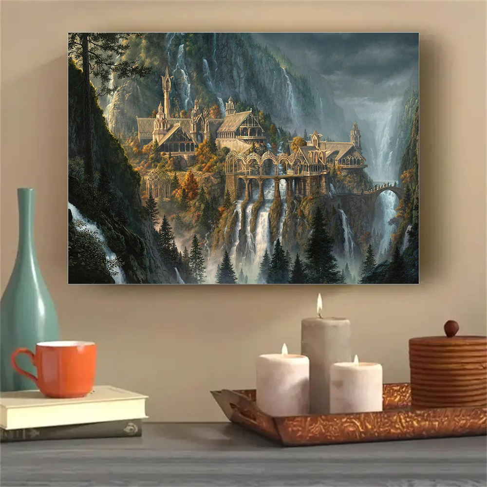 TEMU 2d Flat, 1pc Frameless 2d Flat The Film Picture Middle-earth Rivendell Landscape Movie Poster And Prints Painting On Canvas Wall Art For Room