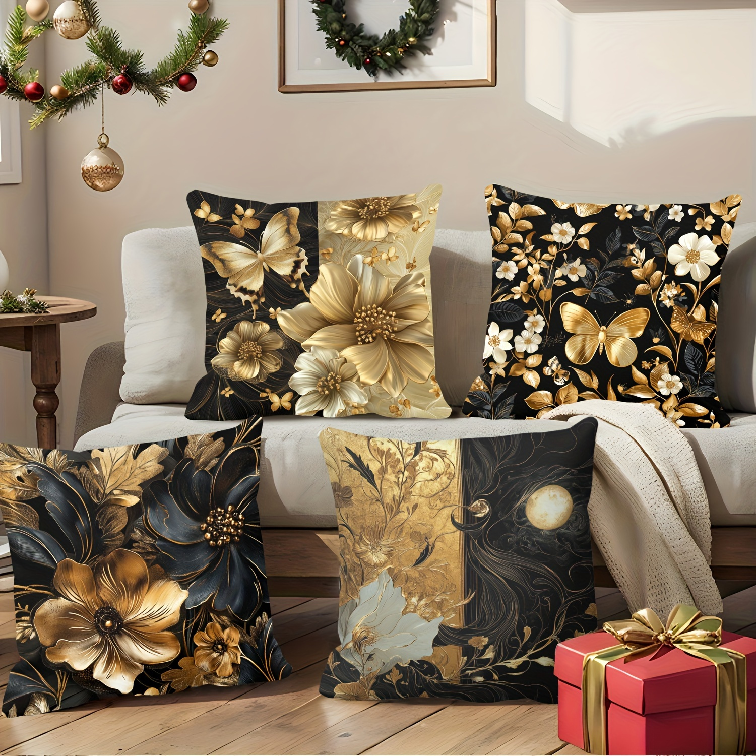 

4-pack Golden & Floral Print Pillow Covers, 100% Polyester, Hand Wash Only, Zipper Closure, Soft & Comfortable Sofa Cushion Covers For Home Decor, Bedroom - No Insert