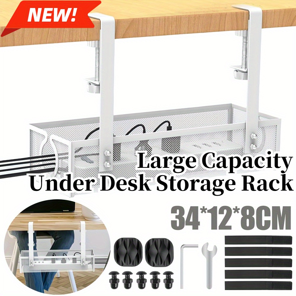 Image of Large Capacity Under Desk Storage Rack With Mesh Design, Sturdy And Durable Cable Organizer, Space-saving Holder For Office Supplies, Perfect For Office To Keep Neat And Efficient.