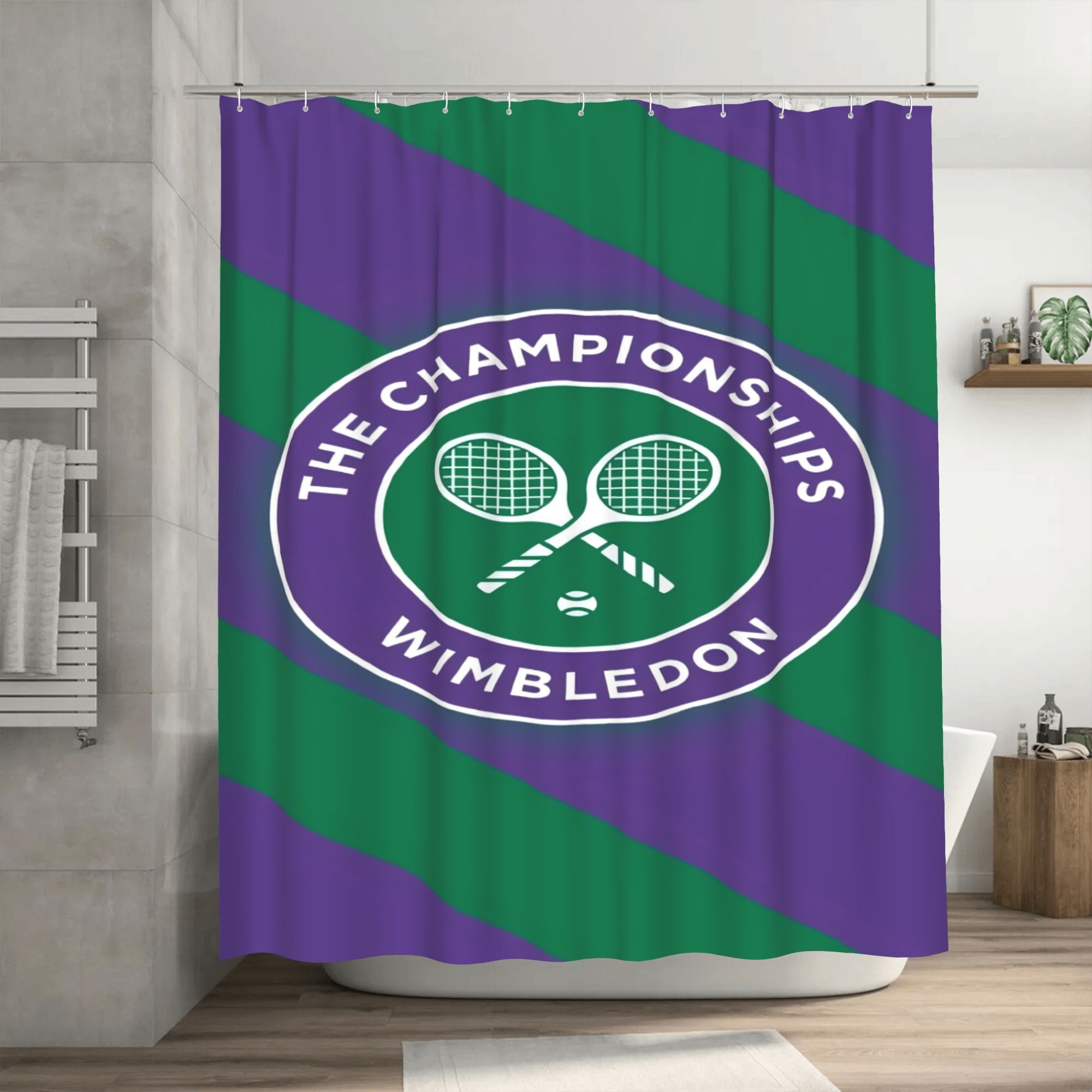  tennis championship shower curtain purple green striped design with tennis ball racket logo durable polyester removable bathroom decor machine washable shower curtain sets for bathrooms sports themed decor   feature