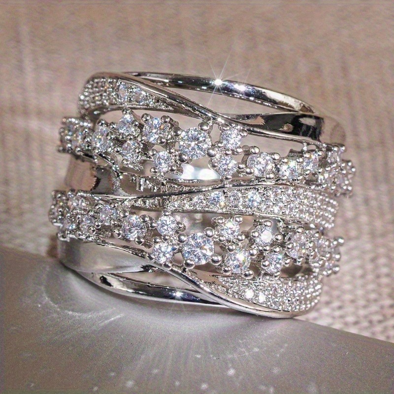 Layer Interlaced Hollow Pave Set Sparkling Synthetic Zirconia Engagement Ring