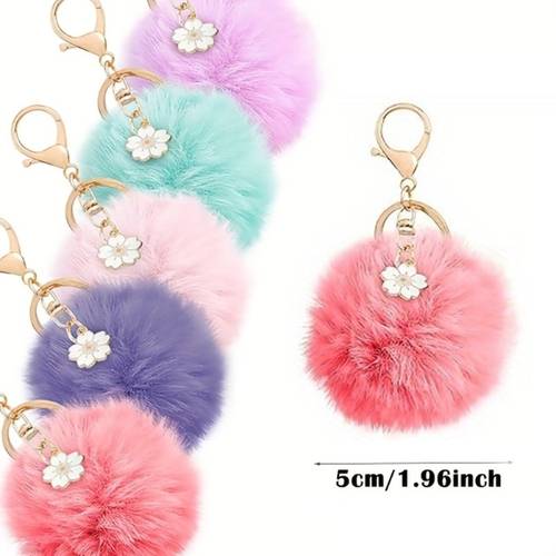 gift for her him 5pcs set of soft ball keychains in random colors with flower charms and yarn ball key rings soft mini plush ends in lavender lilac peach suitable for handbags backpacks wallets wedding favors