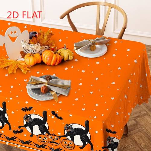 2d flat tablecloth 1pc tablecloth 1pc 2d flat orange background black cat pumpkin bat star pattern tablecloth classic retro halloween festival style spooky festive atmosphere polyester fiber easy clean durable aesthetic