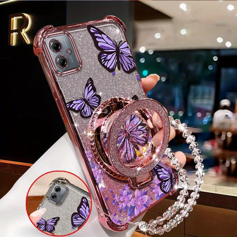 TEMU Phone Case - The Display Is With Purple Butterflies Surrounded By Circular Frames And Bead Lanyards. This Stylish Perfect For A For Moto G54