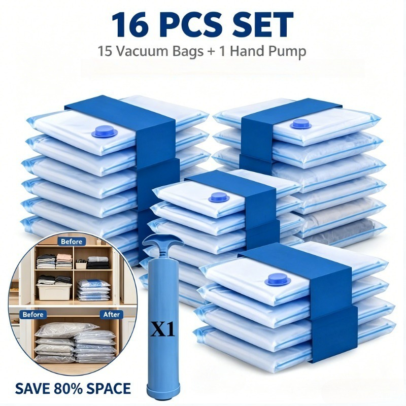 Image of 16pcs Clothing Compression Storage Bag Set With Manual Vacuum Pump, Closet And Home Organization