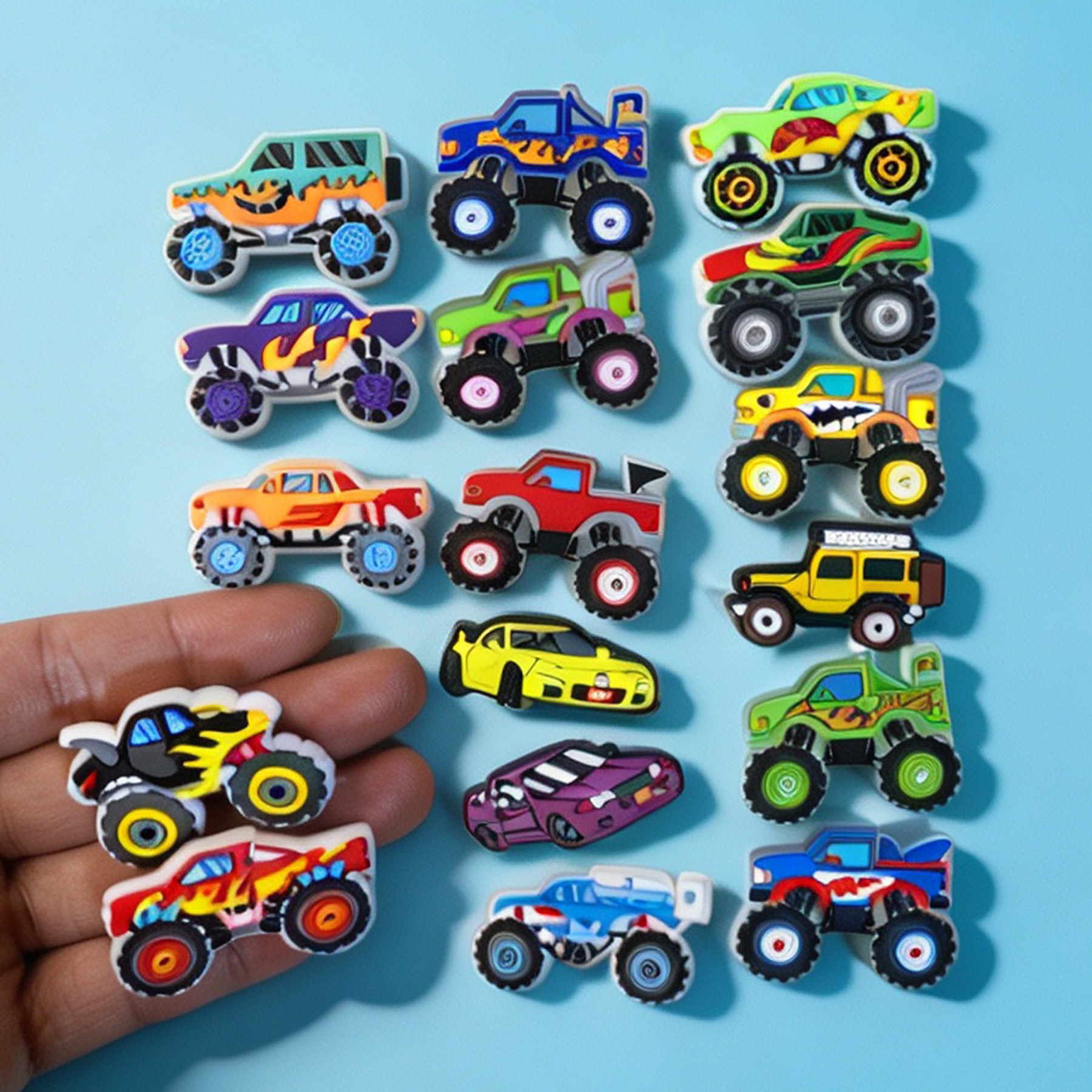 TEMU Random 16pcs Off-road Car Set Theme Shoe Charms, Cartoon Truck , Detachable And Washable Creative Additions, Fashion Additions, Brightening