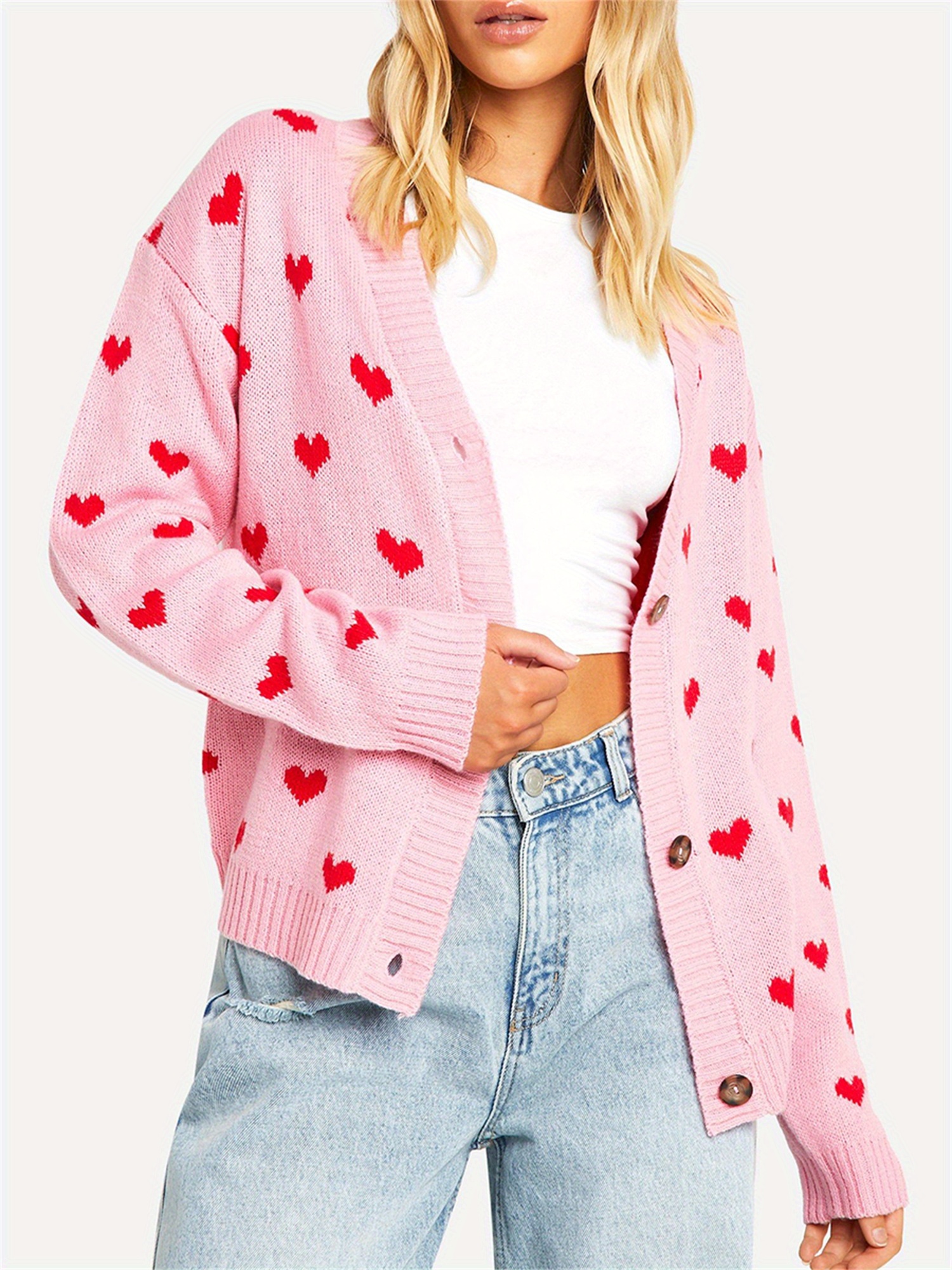 womens fall cardigan sweaters love heart pattern button Temu