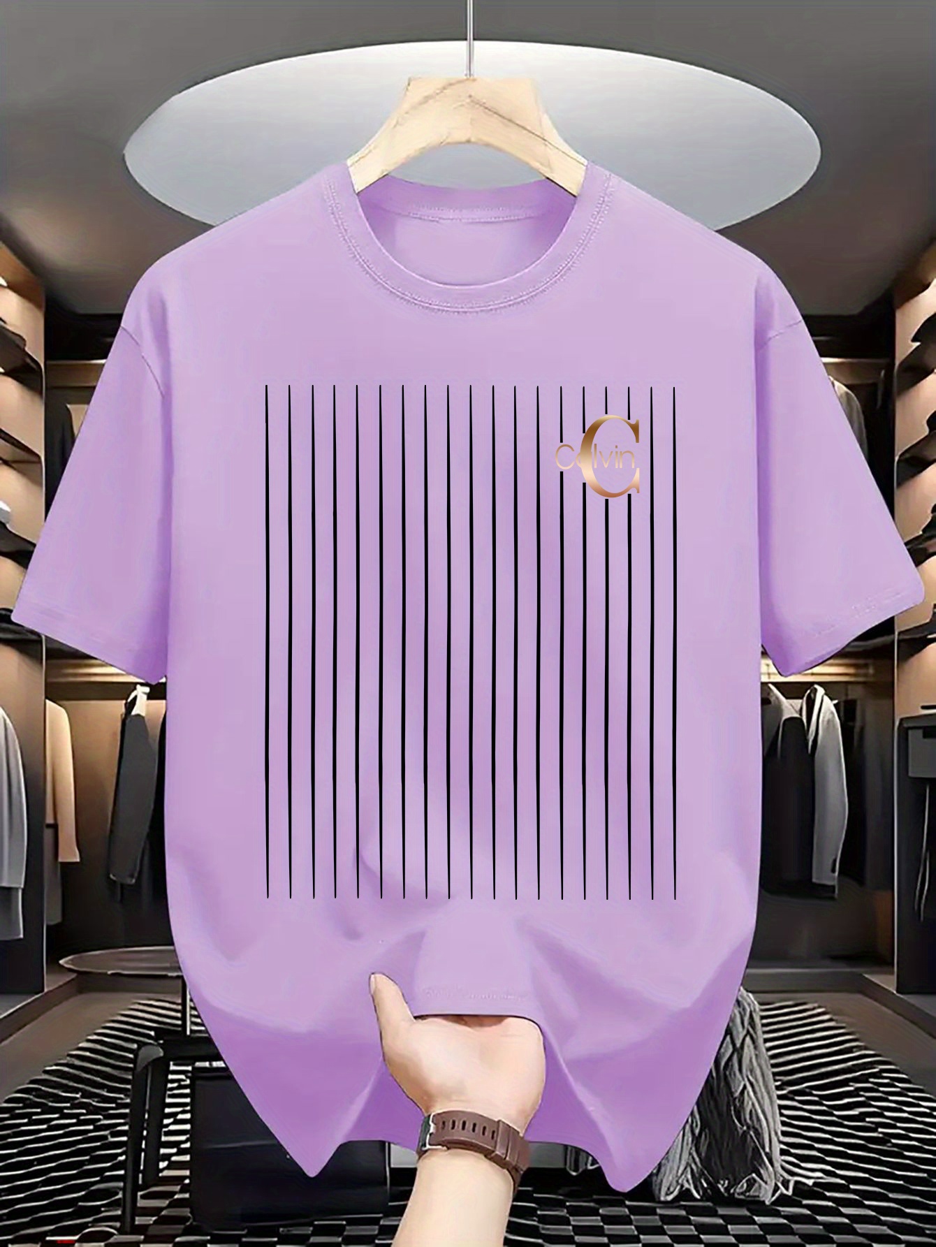 Men's casual and fashionable minimalist lines - C-Calvin printed T-shirt, round neck comfortable polyester fabric, suitable for daily wear as fashionable streetwear, Men's clothing