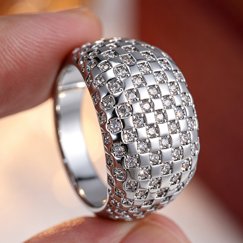 Women's Wide Fashion Ring with Grid Design and Synthetic Zirconia