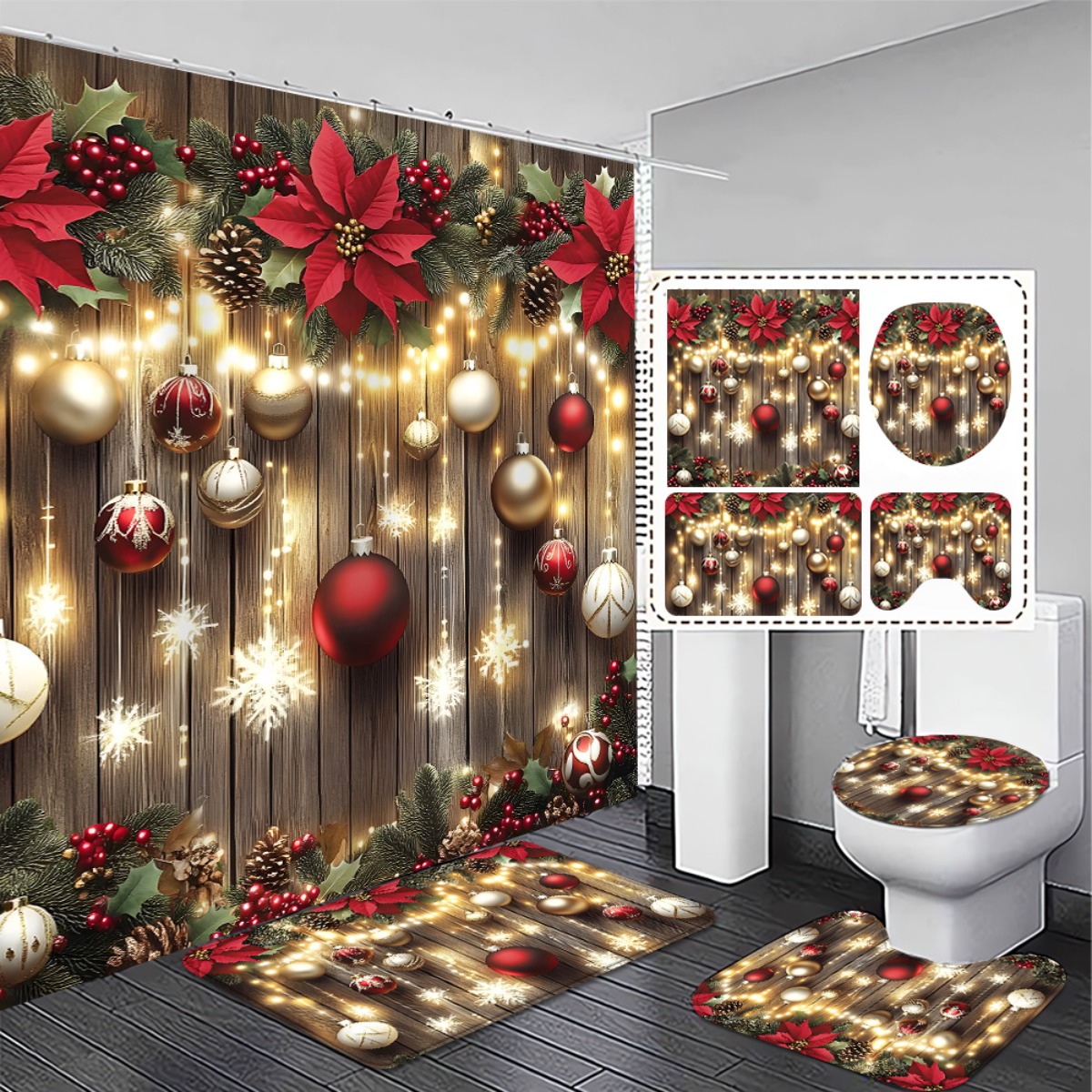 TEMU Ensemble de décoration de salle de bain de Noël plat 2D, 4 pièces, rideau de douche d'impression plate 2D, bain antidérapant, couvercle de