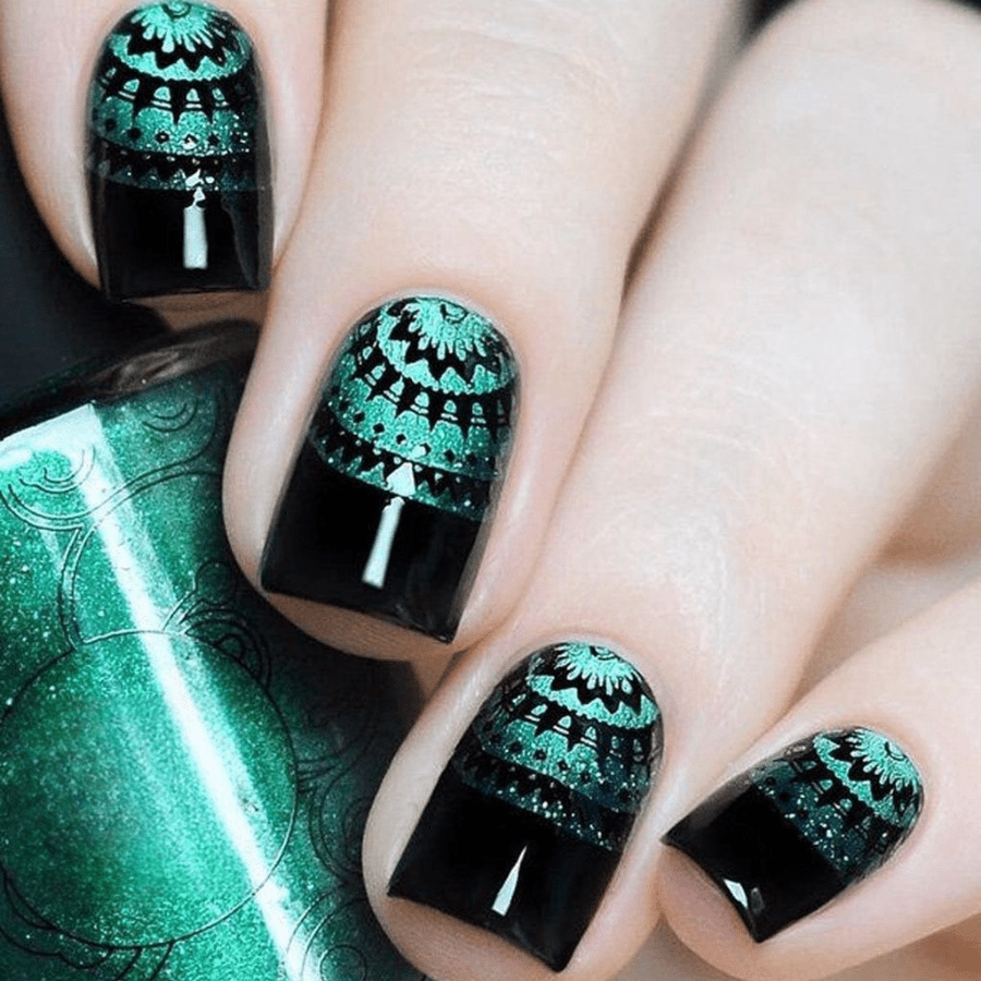 TEMU 48pcs Unique Retro Exotic Style Green Fake Nails - Gradient & Ethnic Pattern Press-on Acrylic Nails Complete Set, Perfect For Stylish & Artistic