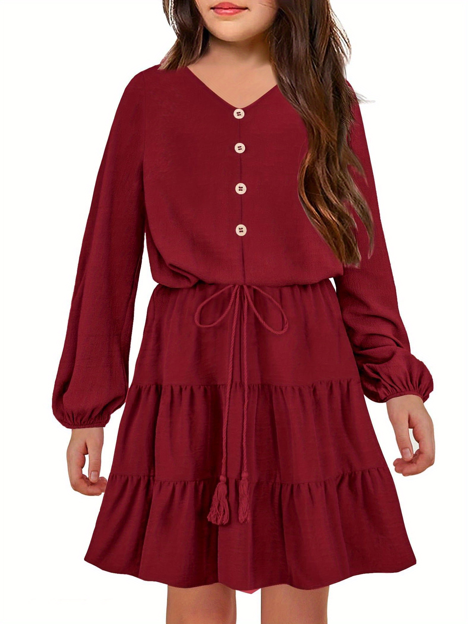 tween girls dresses fall long sleeve v neck waist tie ruffle - Temu