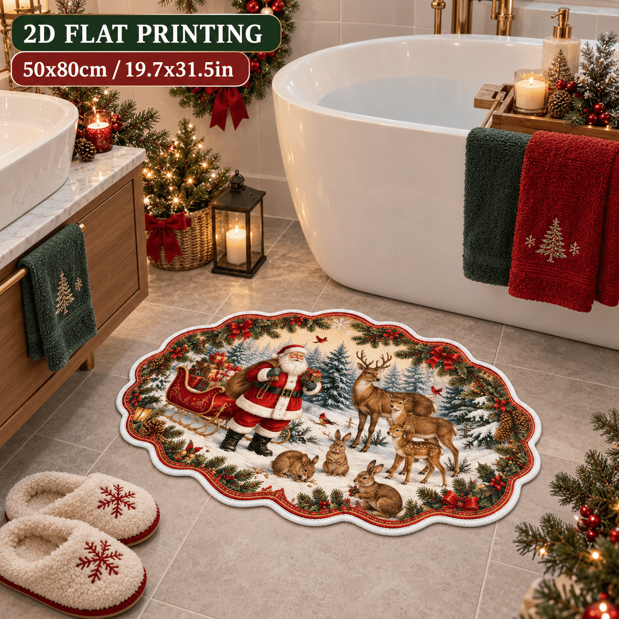 TEMU 2d Flat, 2d Flat, [2d Flat] 1pc Velvet 850g/m², 7mm Thick Santa Claus Rug, Christmas Bath Mat With Sleigh, Gift Boxes, Deer, Rabbits, Pinecones,