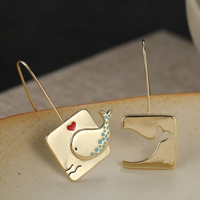 Women's Whale Pattern Carved Square Pendant Earrings
