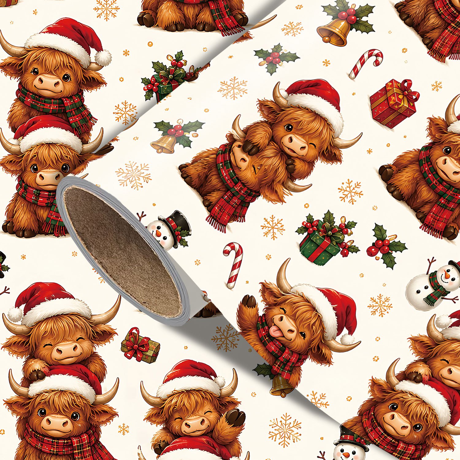 TEMU 1 Rouleau de Vache Highland pour Cadeaux de Noël, Emballage Cadeau Vache Écossaise avec de Vache Highland, Rouleau pour Décorations de Fête de