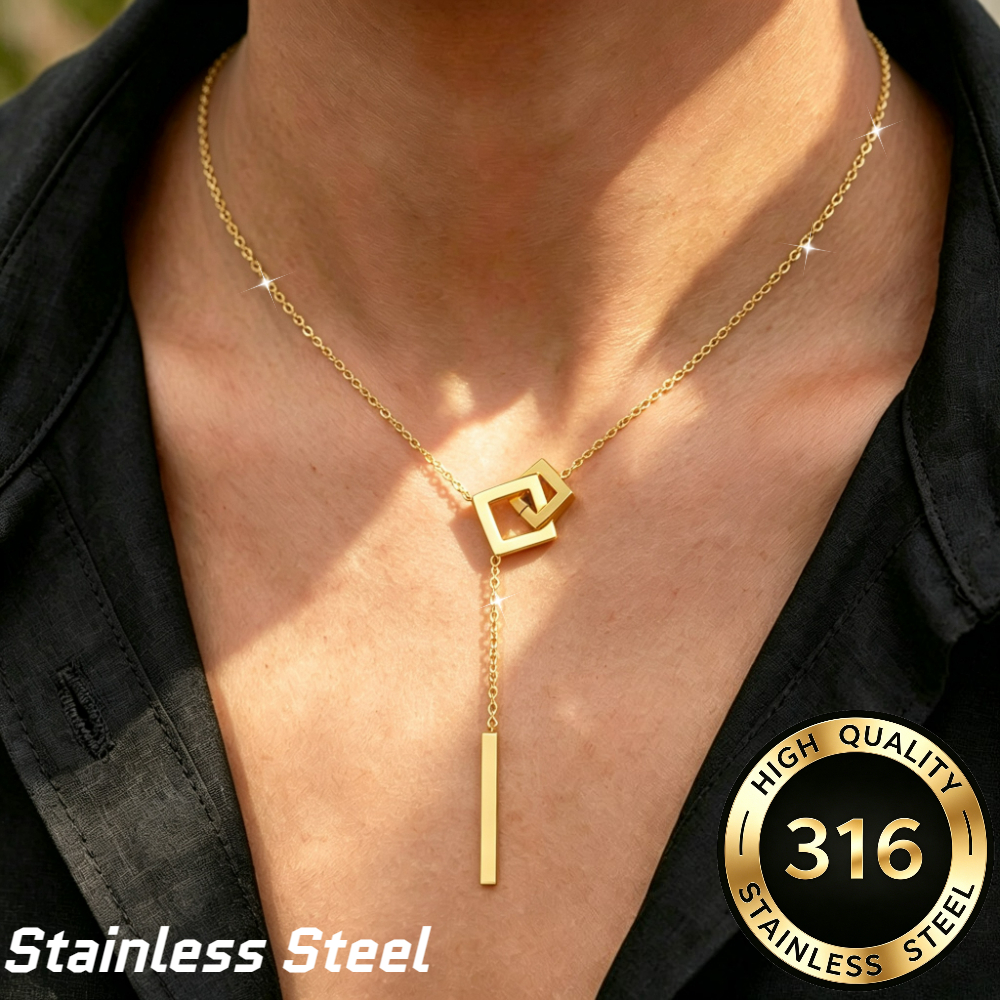 TEMU Collier doré à double anneau , chaîne de clavicule avec pendentif barre carrée géométrique, accessoire de cou de luxe léger haut de gamme en
