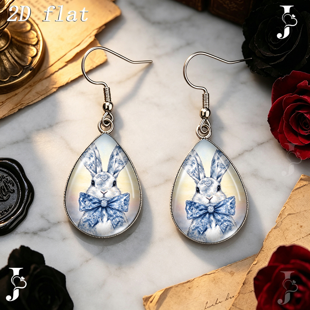 Blue White Snowflake Rabbit Bow Pattern Dangle Earrings