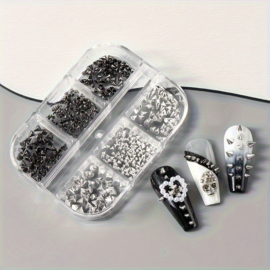 Image of 6 Grids Punk Cone Spike Nail Charms - Black And Silvery Gothic Studs Nail Decoration, 1.5-3.5mm Gothic Style Mini Metal Rivets For Nail Art