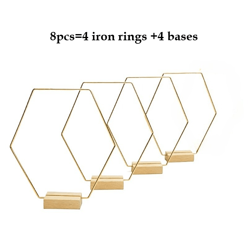 TEMU 8pcs (4pcs Rings And 4pcs Bases) Golden Hexagonal Metal With Wooden Base, Handmade Floral Frame, Suitable For Birthday Wedding Party Table