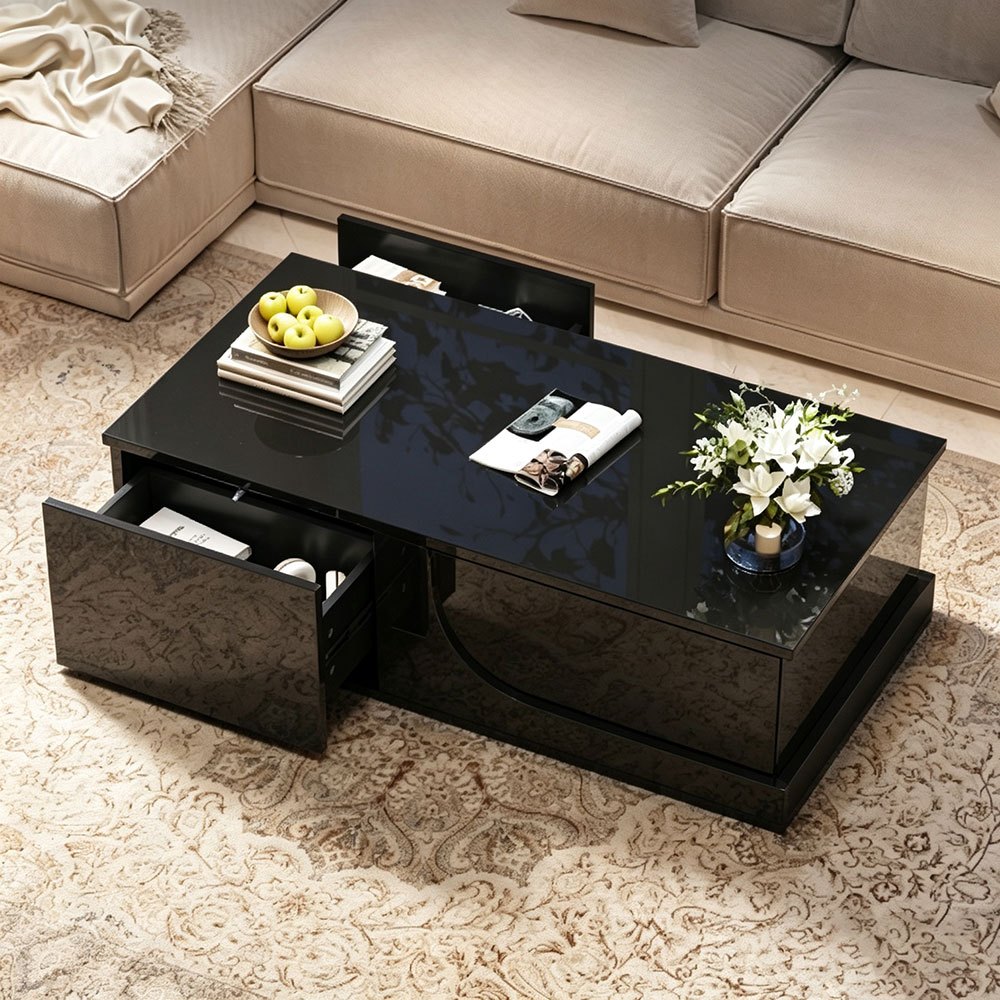 Image of Modern Minimalist Style, Coffee Table, Entryway Table, 100 X 50 X 30 Cm, With 2 Drawers, Tempered Glass Load-bearing Table, Black, Suitable For Living Room