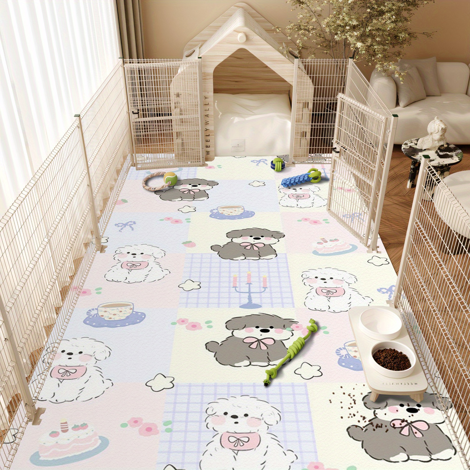 large plush non slip dog mat with adorable black white puppy design   chew resistant washable pet bed multi size soft polyester floor mat for feeding play home decor large dog bed Product details 2