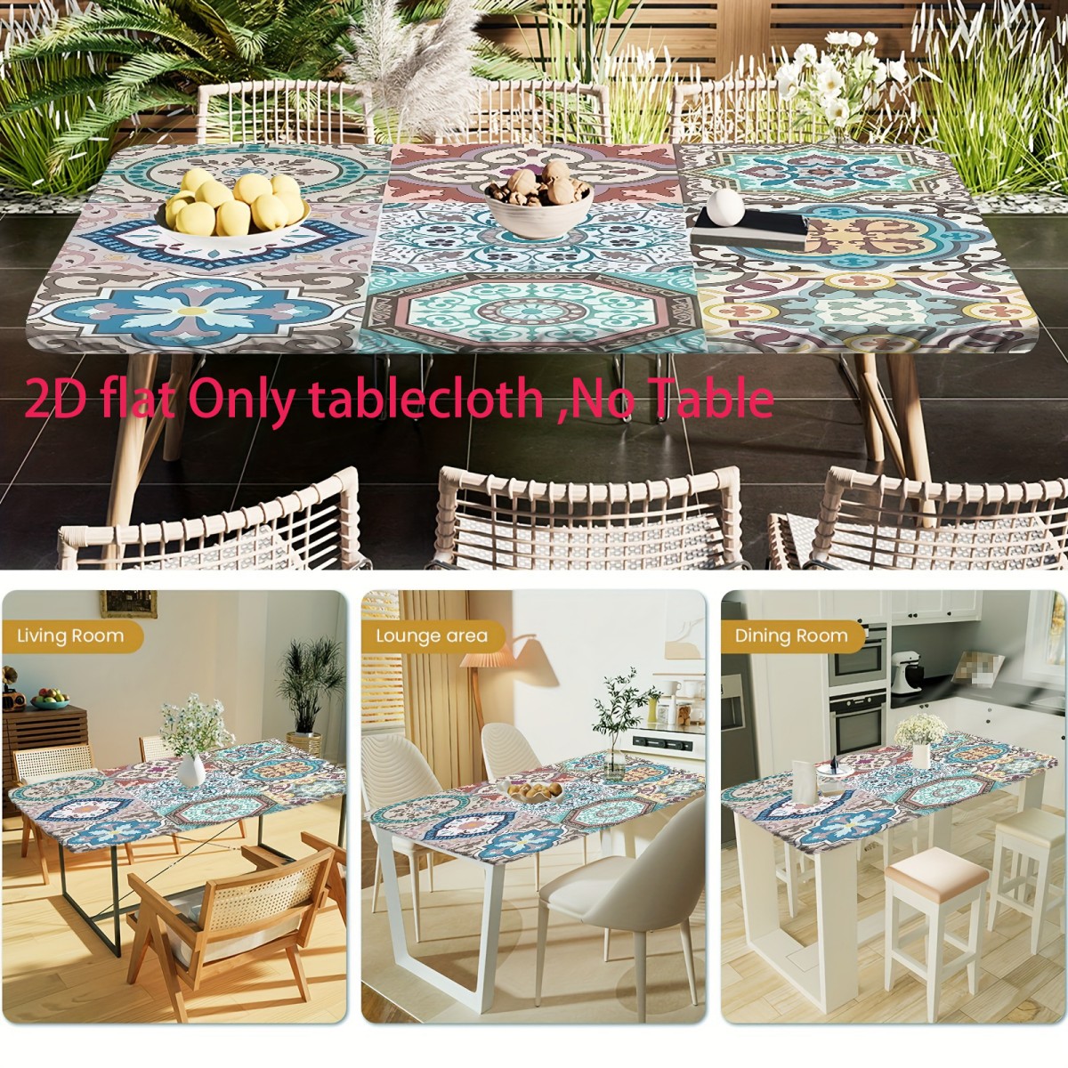 TEMU 1 mantel ajustable y lavable con diseño estampado 42D de de azulejos geométricos multicolores, cubierta de mesa rectangular adecuada para