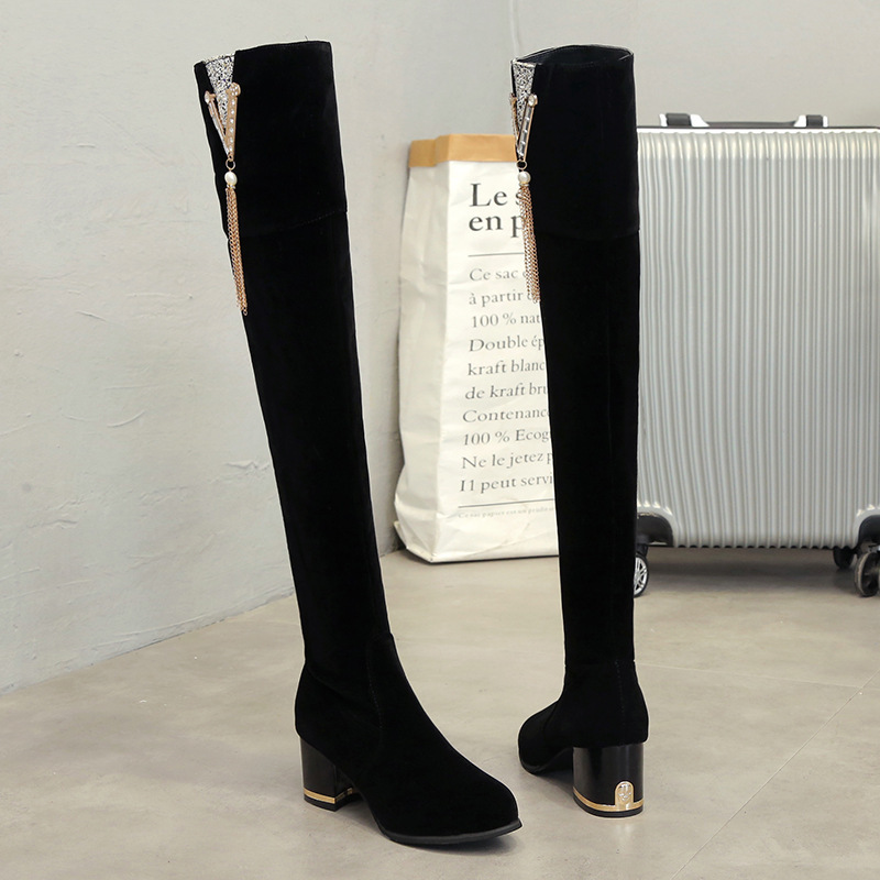 Womens Knee Boots Thick High Heels Fleece Lined Winter