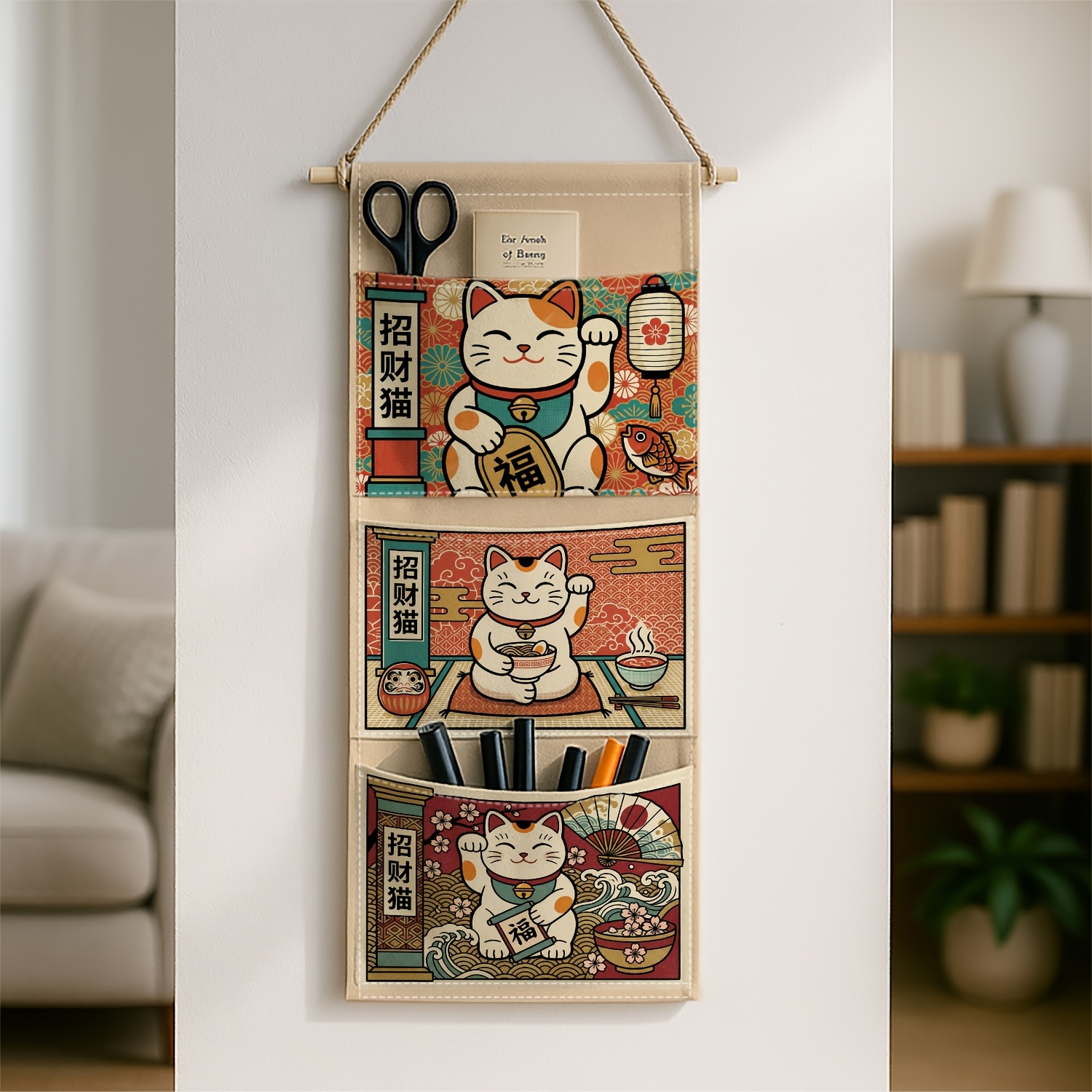 TEMU 1pc Chat Japonais Oriental, Article de Rangement , Maneki Neko Monnaie Ondulée, Organisateur Suspendu en Tissu Multi-Couches, Convient pour les