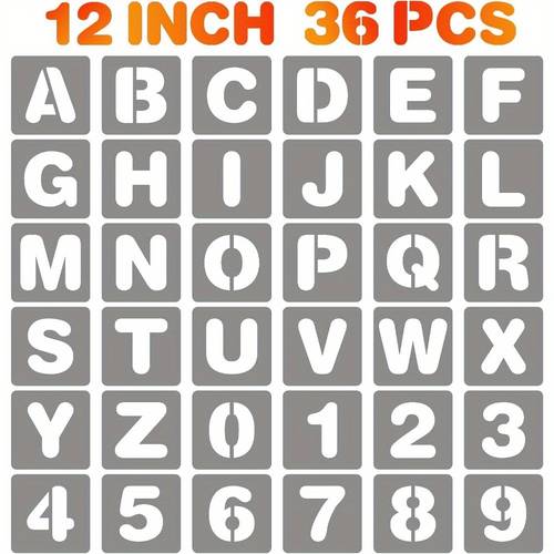 12 zoll buchstaben- und zahlen-schablonen, 36 stück wiederverwendbare alphabet-sprühfarben-schablonen aus kunststoff zum malen auf holz, wand, stoff, fels, tafel, veranda, beschilderung, basteldekoration