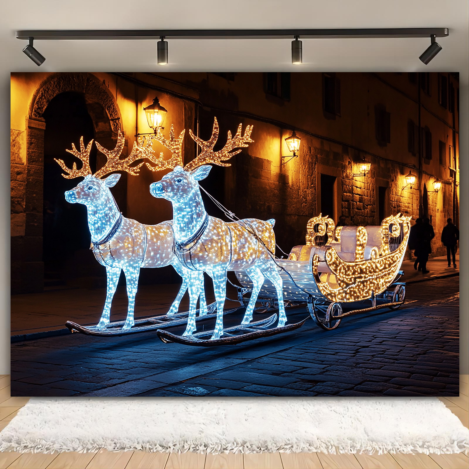 

1pc, White Light-up Reindeer With Illuminated Sleigh Scene Backdrop, Outdoor Holiday Christmas Decoration