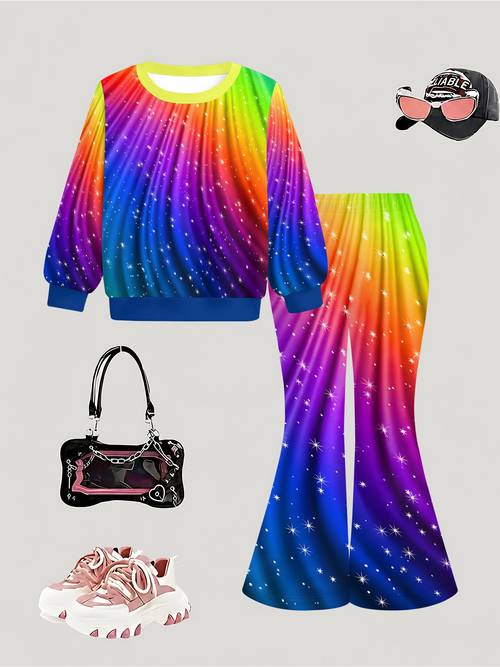 girls casual and fashionable round neck pullover and flared pants set 2pcs sweet and adorable suitable for girls daily festival events childrens parties etc for outdoor