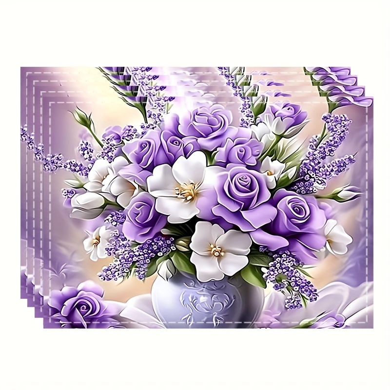 TEMU 4pcs 4pcs Floral Suitable For & Restaurant Table - Purple & White Vase Design, Placemats With Smooth Textured Fabric, Machine Washable Suitable
