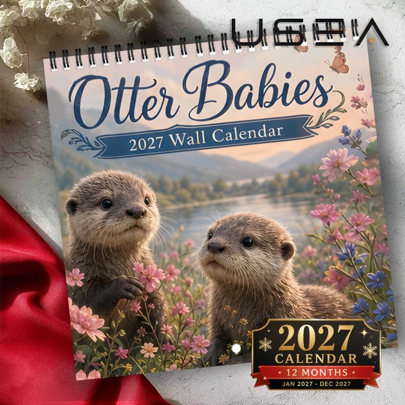 TEMU 2027 Wall Calendar,1pc 2027 Otter Babies Wall Calendar, 12-month Hanging Twin Wire Spiral Calendar With , Large Blocks, Aesthetic Home Decor &