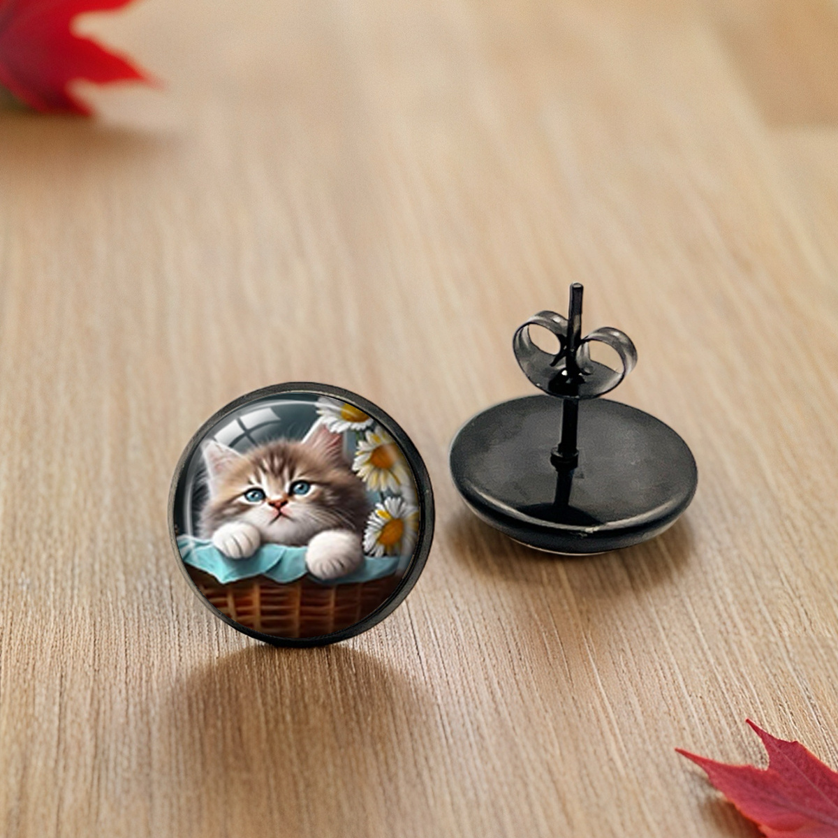 Muyoo Kitten & Daisy Glass Stud Earrings, Unisex