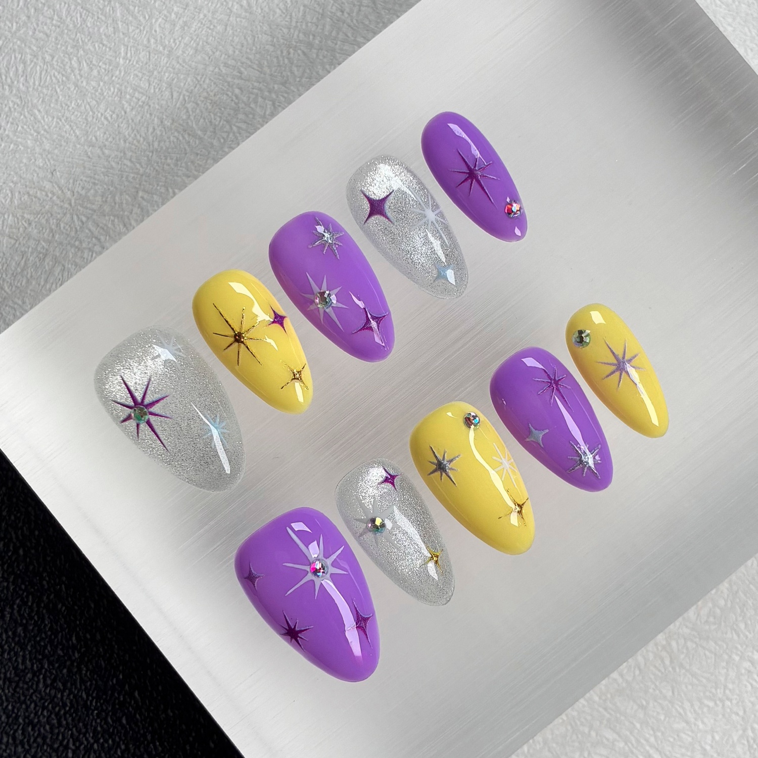 TEMU Handmade Press-on Nails 10pcs, New Short Almond Shape - Purple And Yellow Starburst Design, Edgy , Suitable For Summer Outfits, Street Looks &