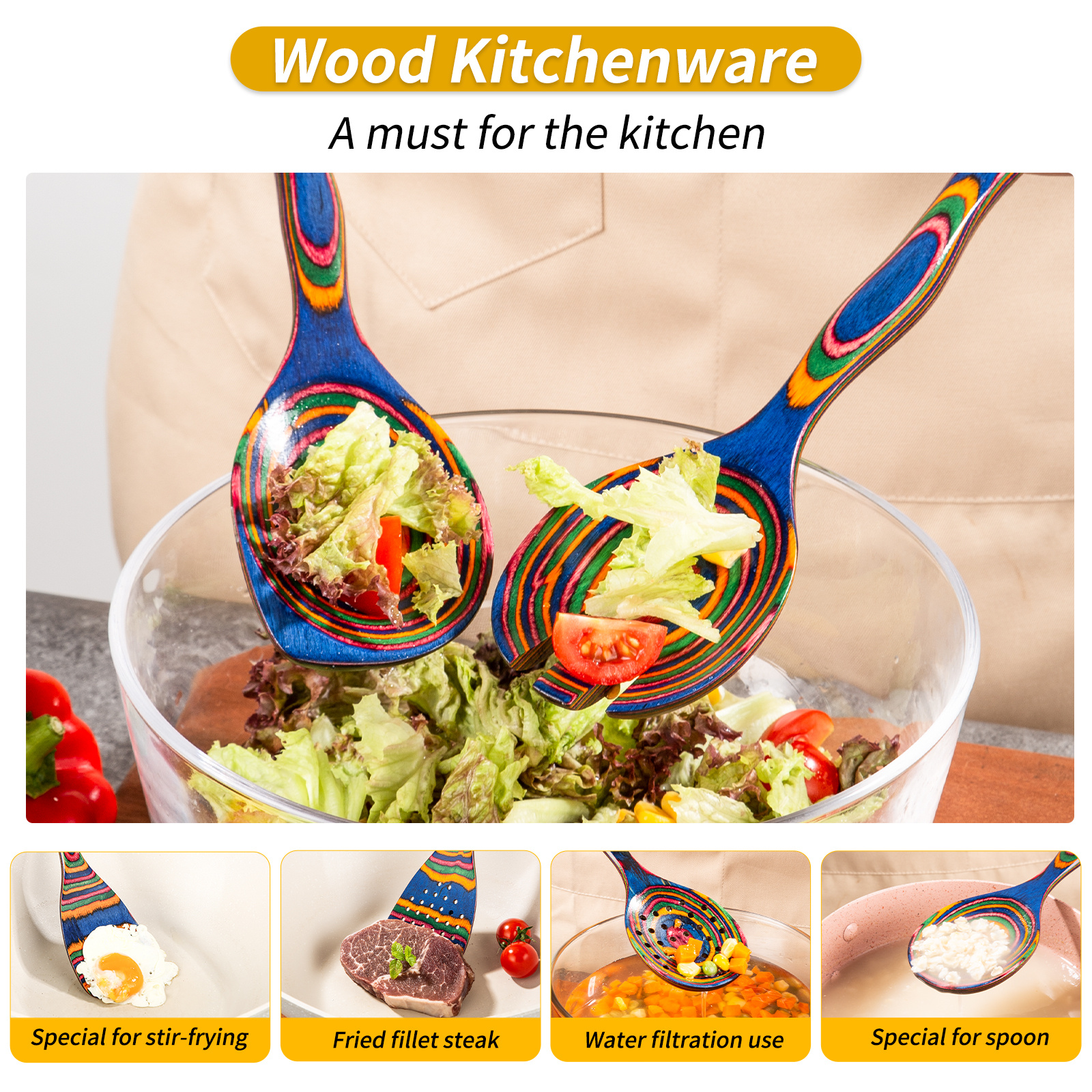 7pcs Pakkawood Blue Wooden Cooking Utensil & Spoon Set - Non-Stick Wood Kitchen Tools with Spatula, Slotted & Solid Spoons Suitable for /Outdoor Use, Holiday Gift (Christmas, Mother' Day)