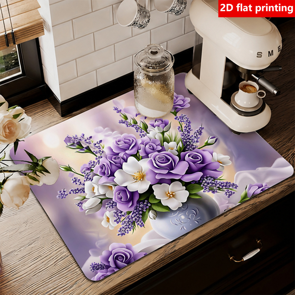 TEMU 1pc Purple Rose Floral Absorbent Placemat, Dish Drying Mat, Rubber Non-slip Coffee Maker Drip Tray Mat, Kitchen Countertop Absorbent Pad,