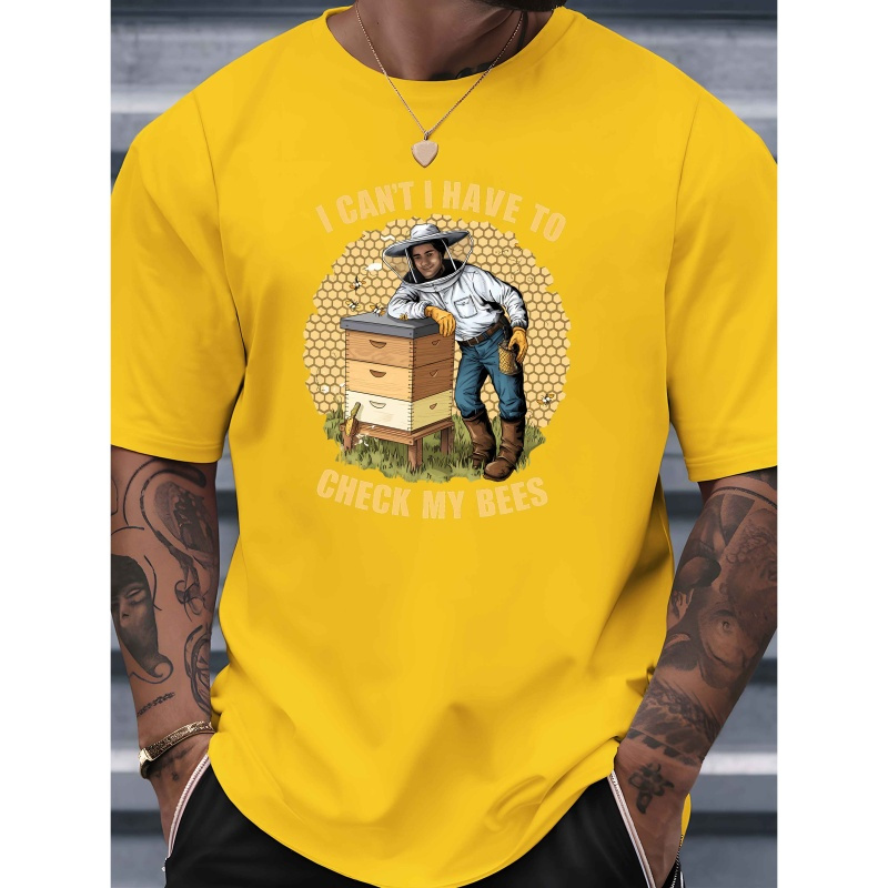 

Men's "i Have To Check My Bees" Graphic T-shirt - Yellow, Breathable Polyester , Casual Round Neck Short-sleeve Top For Summer, Bee T Shirt