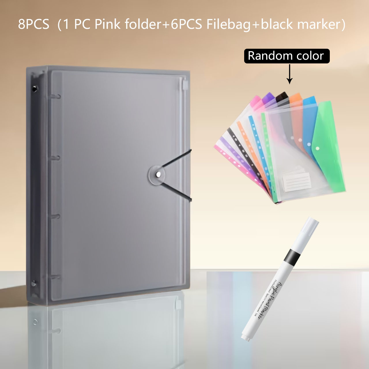 TEMU 8pcs Set: 1 A4 Size Heavy-duty Colorful Pp Ring Binder + 6 A4 Size 11-hole Expandable File Pockets In Assorted Colors + 1 Pen. High-capacity,