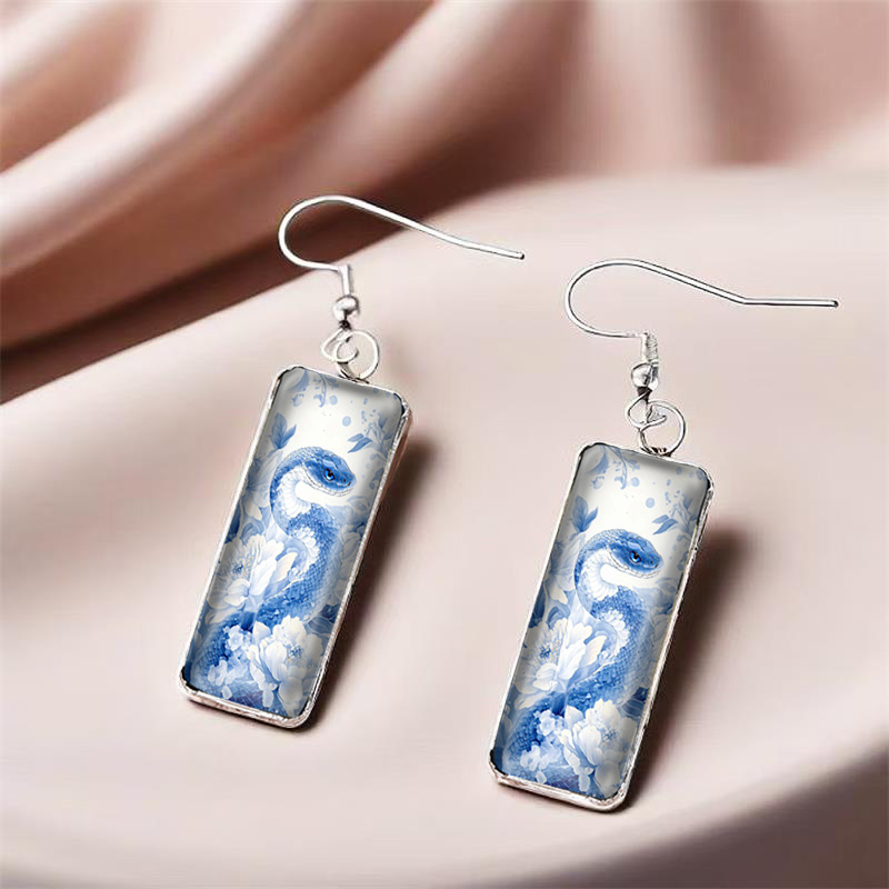 Blue & White Porcelain Snake Art Illustration Earrings