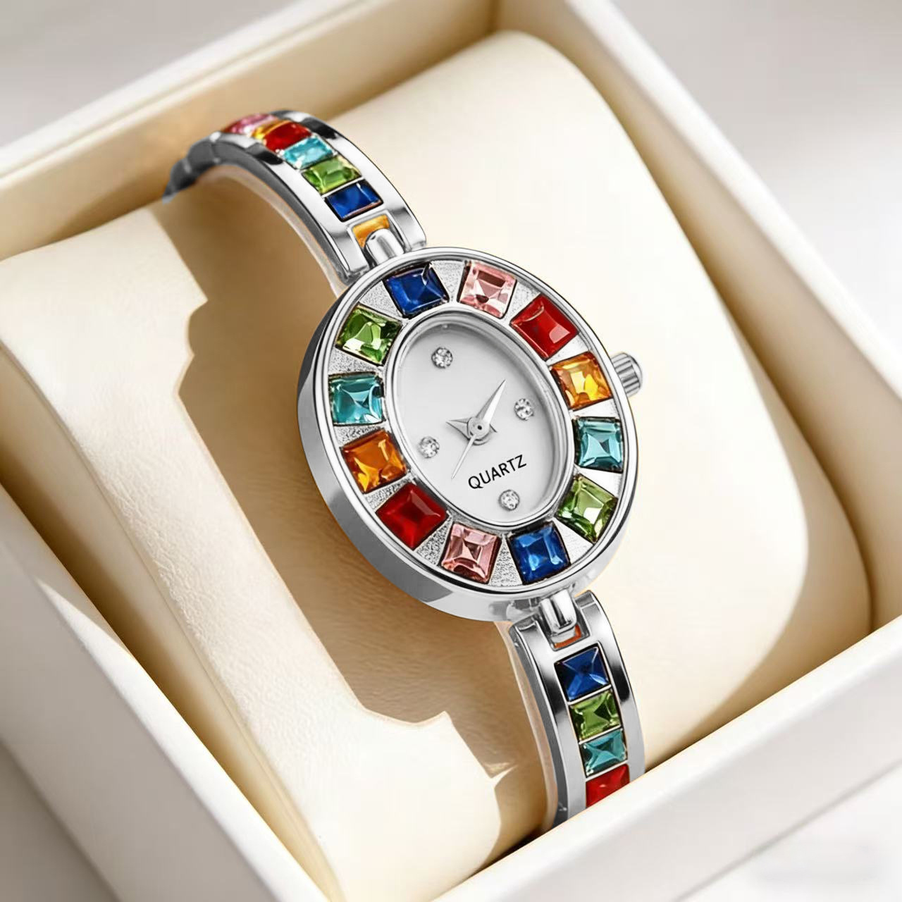 1pc Of A Stylish And Elegant Luxury Watch Bracelet For Women, With Colorful Rhinestones, Suitable For Everyday Wear, Parties, And Other Occasions, Perfect As A Gift For During Ramadan, Birthdays