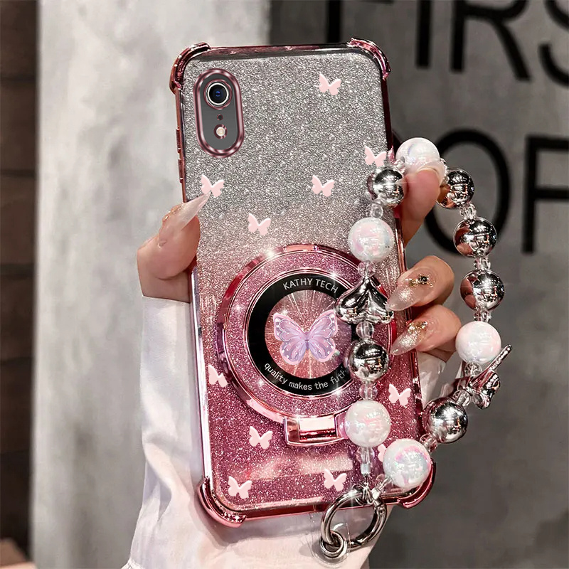 TEMU Coque de téléphone - Coque magnétique à paillettes avec une dragonne en perle papillon, conçue pour l'iPhone XR, offrant une protection antichoc