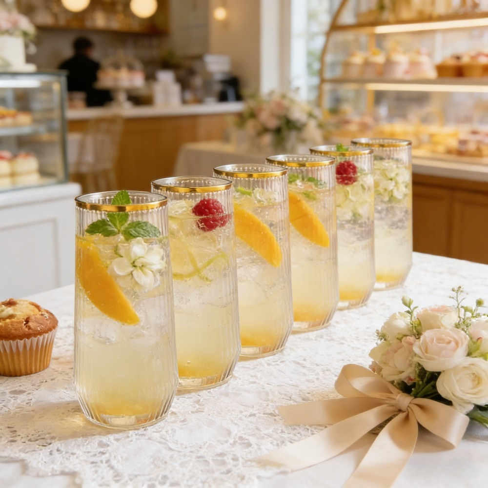 Juego de 8 copas de vino sin pie elegantes de 9 oz para Año Nuevo, con borde dorado transparente, vasos para helado, copas de champán con borde dorado, copas de cóctel transparente irrotables, adecuadas para bodas, Día de San Valentín, fiestas de Año Nuevo, cumpleaños, fiestas y celebraciones