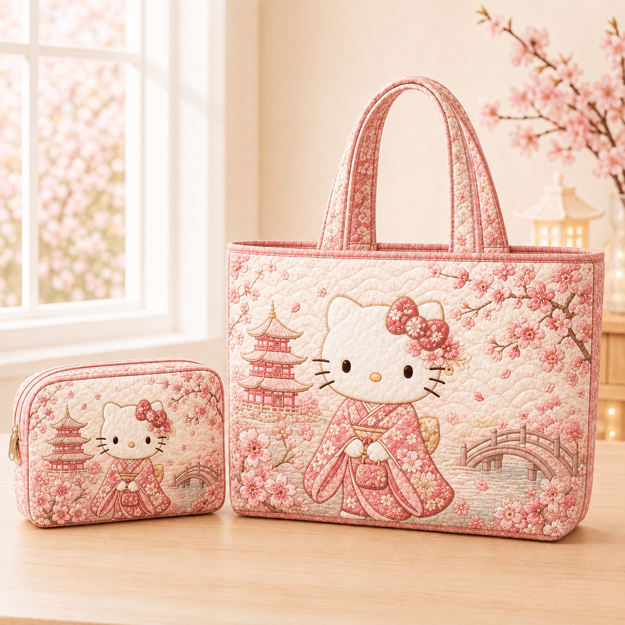 Hello Kitty Cherry Kimono Japanese Quilted Tote Bag Cosmetic Bag Set Large Capacity Soft Bag With Zipper Makeup Bag For Work Vacation Beach Gym Daily Use