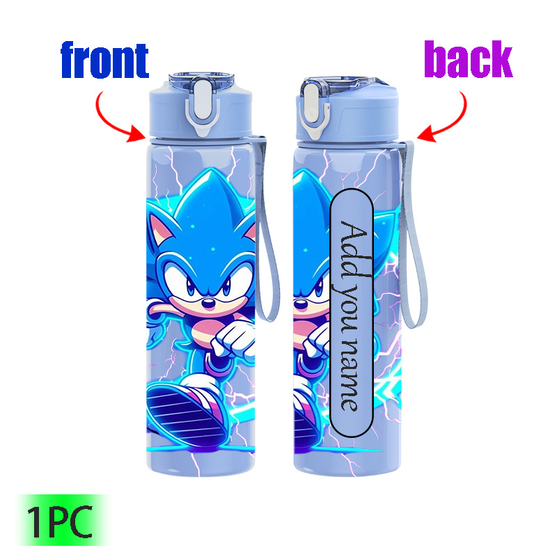 TEMU 1pc Blue Hedgehog Trendy Print Customizable Name Text 750ml/26oz Plastic Sports Water Bottle, Cute Printed Design, Leak-proof With Pop-up Lid,