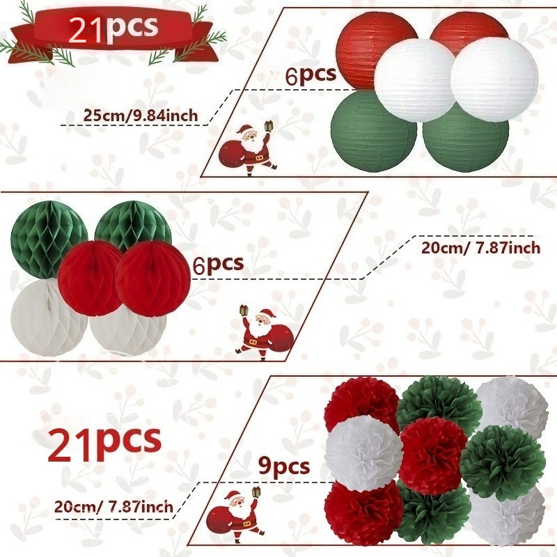 TEMU 21pcsdiy Paper Ball And Round Lantern Party Decoration Set-red, Green, White, Suitable For Wedding, Birthday, Christmas, Halloween, Thanksgiving