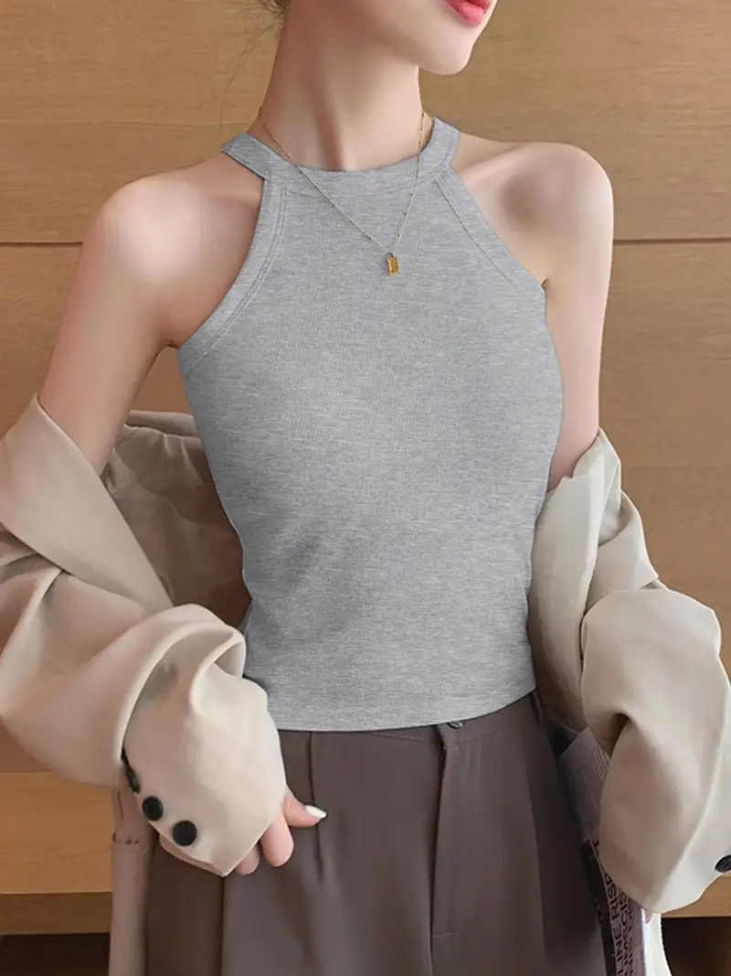 Women's Elegant Halter Neck Sleeveless Tank Top Medium Stretch Solid Black Versatile Layering Piece for Spring Summer Fall, Casual Formal Wear, La