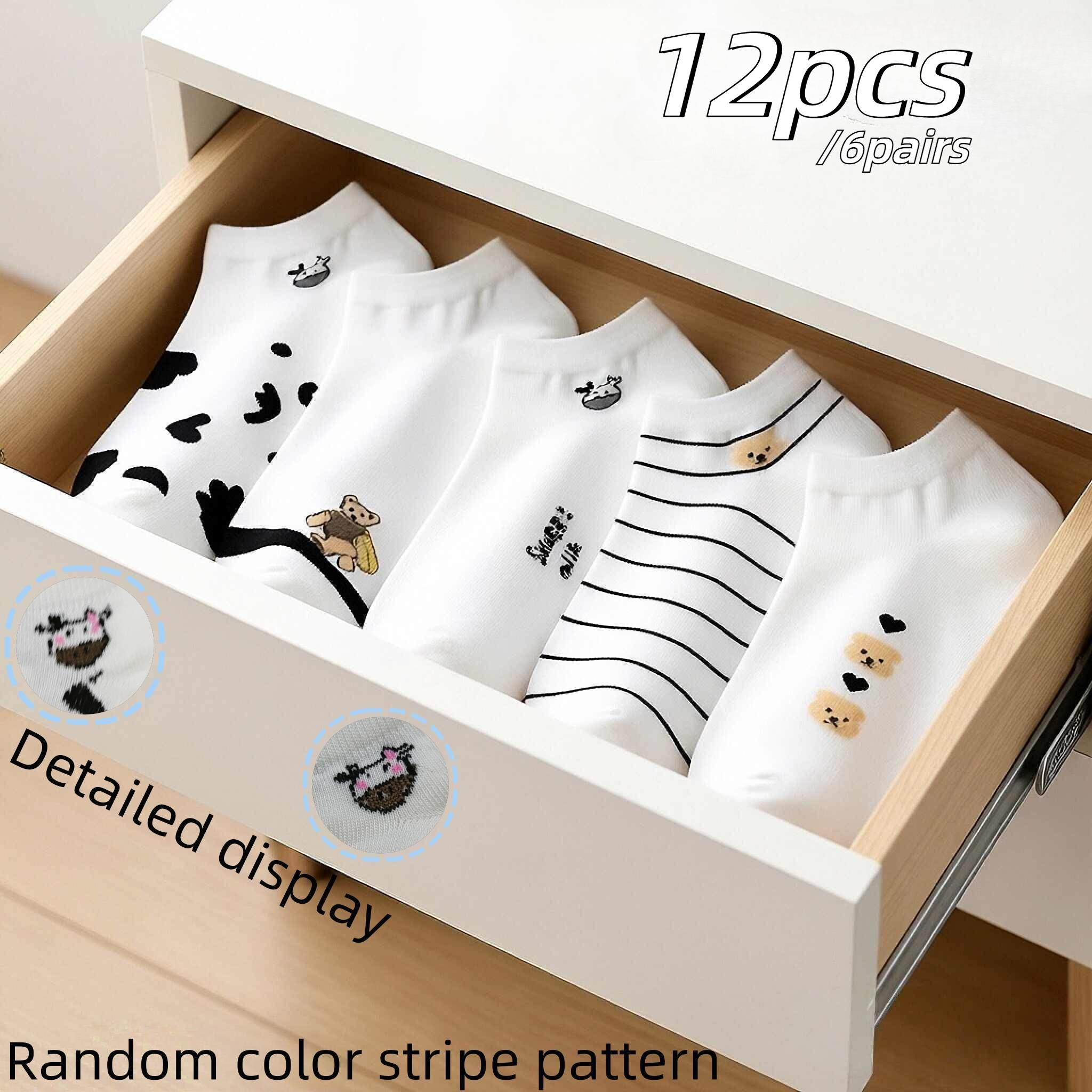 E-shop 12 Stk. (6 Paar) / 6 Stk. (3 Paar) Damen-Socken mit Tier-Print, weich bequem, hochwertige Kurzsocken mit Bär- Kuh-Motiv in zufälligen Farben,